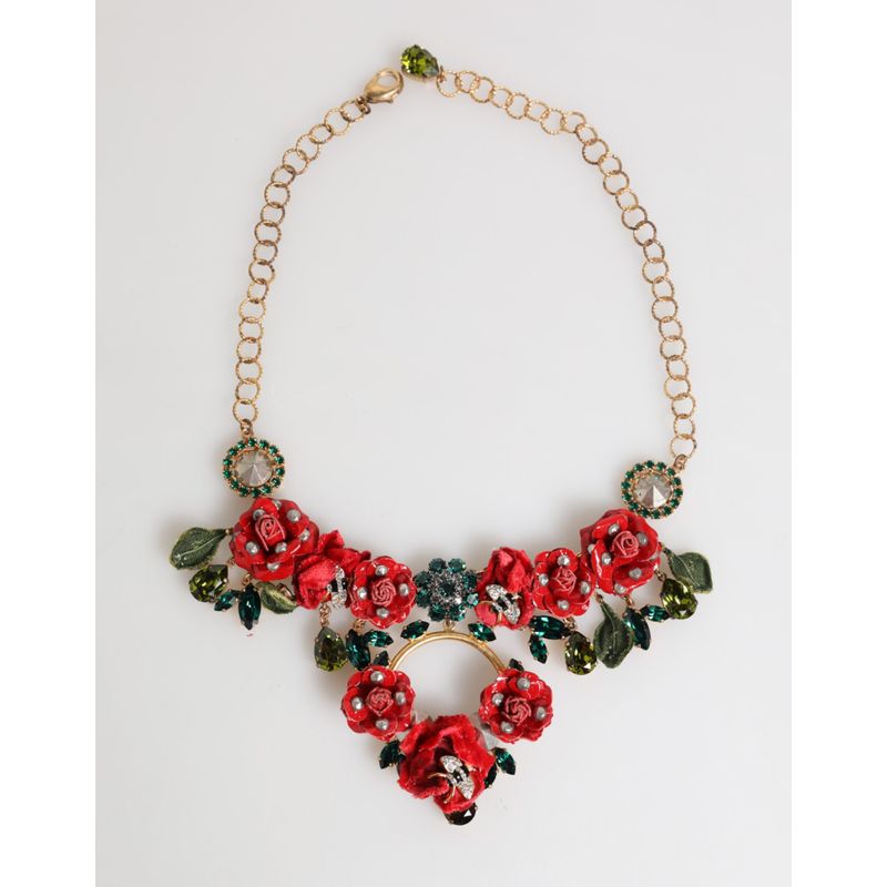 Dolce Gabbana Red Rose Floral Crystal Embellished Statement Jewelry Womens 1665$